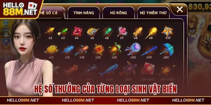 Hệ số thưởng của từng loại sinh vật biển tại Hello88